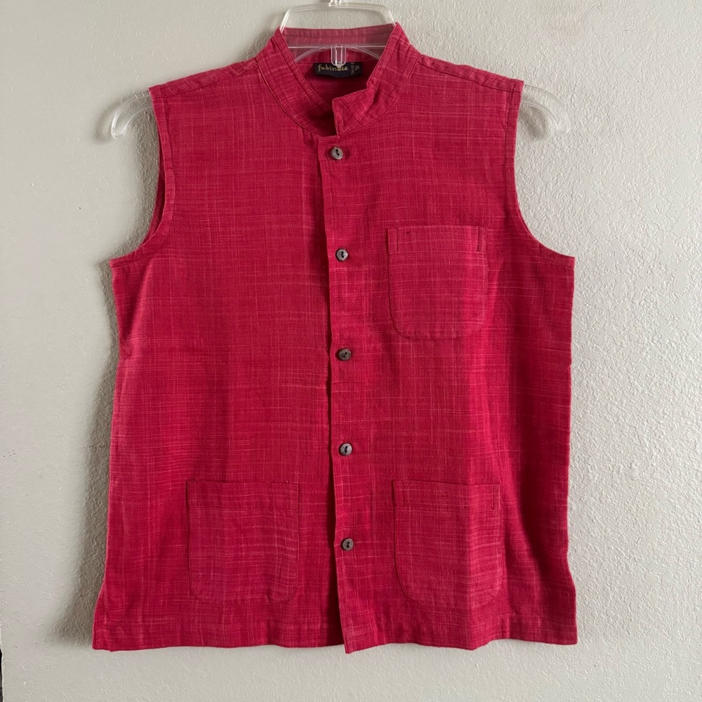 Fabindia Women’s Red Sleeveless Button Down XL Blouse Pocket Good Condition